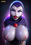 1girl 3d 3d_(artwork) abstract_background ai_generated big_breasts black_lipstick breasts breasts_out dc_comics forehead_jewel goth goth_girl grey_body grey_skin lipstick looking_at_viewer lucasai mouth_gag nipples purple_eyes purple_hair rachel_roth raven_(dc) ripped_clothing teen_titans wide_hips