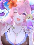 1girl ;d alluring big_breasts bikini black_bikini character-themed_food cleavage collarbone eyelashes fire_emblem fire_emblem_heroes flower food goat_horns hair_between_eyes hair_flower hair_ornament highres holding holding_food holding_ice_cream holding_spoon horns ice_cream intelligent_systems jewelry long_hair looking_at_viewer mochinyanta necklace nerthuz_(fire_emblem) nerthuz_(summer)_(fire_emblem) nintendo official_alternate_costume one_eye_closed open_mouth pink_hair pink_nails purple_eyes smile solo spoon swimsuit teeth upper_body upper_teeth_only wet