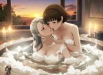 2_girls about_to_kiss alluring atlus bath bathroom blush braided_hair brown_hair bubbles candles convenient_censoring grey_hair hairclip implied_incest makoto_niijima nightcore_(artist) persona persona_5 red_eyes sae_niijima sega silf silfs sister sister_and_sister sisters suds sunset teen washing yuri