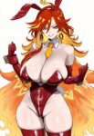 1girl ai_generated animal_ears bangs bare_shoulders blush breasts bunny_ears bunny_girl bunnysuit cleavage covered_navel detached_collar earrings elbow_gloves fake_animal_ears female_only genshin_impact gloves highleg highleg_leotard huge_breasts jewelry leotard light-skinned_female light_skin long_hair looking_at_viewer mavuika_(genshin_impact) mihoyo multicolored_hair natlan_girls red_hair red_legwear red_leotard stockings strapless strapless_leotard truck-kun_art very_long_hair