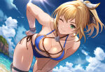 1girl accurate_art_style beach big_breasts bikini blonde_hair blue_eyes cassandra_alexandra cleavage morbid_angel666 ocean pin_up posing project_soul silf soul_calibur soul_calibur_ii soul_calibur_iii soul_calibur_vi wink