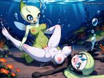 2girls ai_generated blue_eyes blush bouncing_breasts breasts breasts_out bubble celebi clothing fairy fairy_wings female female/female female_only green_body green_hair jscammie legendary_pokemon lesbian_sex meloetta motion_lines mythical_pokemon nintendo nipples nude pleasure_face pokemon pokemon_(species) pokemon_bw pokemon_gsc pussy scissoring sex tagme tribadism underwater underwater_sex white_body yuri