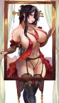 1girl beidou_(genshin_impact) big_breasts black_hair bubble_butt cleavage genshin_impact horny inviting_to_sex looking_at_viewer loooyd pose red_eyes standing stockings teasing thick_thighs