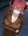 1girl ai_generated blush coat embarrassed exhibitionism face_mask heterochromia hololive hololive_japan houshou_marine humiliation humiliation_fetish light-skinned_female light_skin looking_away outside public_indecency public_nudity steam steamy_breath sweat sweatdrop underdog454545 virtual_youtuber vtuber