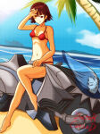1girl alluring atlus bare_legs beach bikini brown_hair crimson_eyes doctorcursed makoto_niijima medium_breasts motorcycle ocean on_motorcycle persona persona_5 sega silf wink