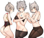 1girl 3_girls alluring ancestor_and_descendant ass big_breasts black_bra black_legwear blush bra cat_ears catgirl cleavage core_crystal covering_breasts cute embarrassed_female female_only high_res lace lace-trimmed_bra lace_trim legwear leotard lingerie_bra looking_at_viewer meidza_d midriff mio_(xenoblade) monolith_soft mother_&_daughter na'el_(xenoblade) navel nia_(xenoblade) nintendo partially_clothed short_hair silver_hair small_breasts thick_thighs thighs undressing white_bra xenoblade_(series) xenoblade_chronicles_2 xenoblade_chronicles_3 xenoblade_chronicles_3:_future_redeemed yellow_eyes