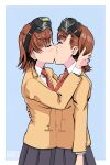 2_girls arm_at_side blue_background blush border brown_hair brown_jacket clones closed_eyes collared_shirt couple dual_persona duo eyebrows_visible_through_hair female/female female_only goggles goggles_on_head grey_skirt hanamuko_(hana_muko) hugging jacket kissing long_sleeves love misaka_imouto multiple_girls mutual_yuri neck neck_tie outside_border pleated_skirt red_necktie romantic romantic_couple school_uniform selfcest shirt short_hair simple_background skirt standing teen teenage_girl to_aru_kagaku_no_railgun to_aru_majutsu_no_index white_border white_shirt yuri