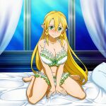 1girl alluring bare_legs barefoot blonde_hair bra cleavage goldhopper green_eyes leafa lingerie medium_breasts on_bed panties pin_up sword_art_online underwear
