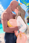 1boy 1girl ai_generated bare_thighs beach bikini blue_archive breast_grab bulge bulge_through_clothing closed_eyes gigantic_breasts grey_hair huge_breasts huge_thighs kissing light-skinned_female light-skinned_male light_skin long_hair massive_breasts muscular_male nero_(artist) nonomi_(blue_archive) nonomi_(swimsuit)_(blue_archive) squatting sweat sweatdrop thick_body thick_female thick_thighs thighs voluptuous voluptuous_female