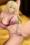 1girl alluring aslind_samure aslindsamure athletic_female bare_legs bed big_breasts bikini bikini_top blonde_hair dark-skinned_female dark_skin female_abs fire_emblem fire_emblem:_the_binding_blade fit_female gold_eyes igrene_(fire_emblem) intelligent_systems nintendo nude nude_female open_legs pose