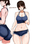 1girl abs absurd_res alluring alternate_costume ass athletic_female atlus bare_shoulders blue_shorts blue_sports_bra blunt_bangs blush braid brown_hair cleavage closed_eyes closed_mouth collarbone crown_braid female_abs fit_female high_res looking_at_viewer makoto_niijima medium_breasts navel nero_watch open_mouth persona persona_5 red_eyes sega short_hair shorts shorts_tug silf simple_background smile sports_bra sportswear stomach tug white_background workout_clothes