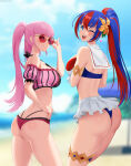 2girls alear_(female)_(fire_emblem) alear_(female)_(seaside_dragon)_(fire_emblem) alear_(fire_emblem) alluring beach bikini blue_and_red_hair deepspace fire_emblem fire_emblem:_three_houses fire_emblem_engage fire_emblem_heroes heterochromia hilda_valentine_goneril intelligent_systems pin_up pink_eyes pink_hair self_upload