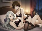 2_girls alluring atlus bed bedroom big_breasts blush braided_hair brown_hair candles grey_hair hairclip incest lingerie makoto_niijima medium_breasts night nightcore_(artist) person persona persona_5 red_eyes sae_niijima sega silf silfs sister sister_and_sister sisters stockings straddling sweat teen