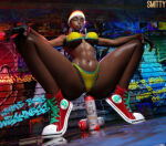 1girl 1girl 1girls 3d 3d_(artwork) big_breasts bikini bikini_bottom bikini_top black_hair bottomwear breasts brown_eyes capcom cleavage dreadlocks eyewear female_only fingerless_gloves footwear glasses gloves hair handwear headband headphones headphones_around_neck headwear high_res high_resolution kimberly_jackson lips shoes smitty34 solo_female spray_can squatting street_fighter swimwear thick_lips thick_thighs thighs topwear yellow_bikini