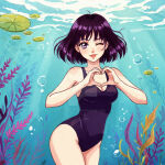 1girl adult_swim alluring athletic_female bikini bishoujo_senshi_sailor_moon bishoujo_senshi_sailor_moon_s bishoujo_senshi_sailor_moon_supers black_hair cleavage heart_symbol hotaru_tomoe medium_breasts one-piece_bikini purple_eyes stark-astrea toei_animation toonami underwater viz_media wink