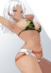 1girl 1girl alluring bikini blue_eyes breasts camouflage camouflage_bikini closed_mouth commentary_request dark-skinned_female dark_skin elma_(xenoblade_x) gloves high_res kuro_(be_ok) long_hair looking_at_viewer navel simple_background smile swimsuit white_background white_hair xenoblade_(series) xenoblade_chronicles_x
