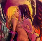  2_girls angel angel_and_devil angel_wings arm arms arms_behind_back art artist_request bare_shoulders black_hair black_wings blonde_hair bondage breast_grab breast_press breasts closed_eyes demon_girl demon_wings devil_and_angel female_only hair kayle kissing league_of_legends long_hair love morgana multiple_girls mutual_yuri nude pointy_ears purple_skin sketch symmetrical_docking tied white_wings wings yuri 