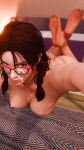 1girl 1girl 3d ass barefoot big_breasts blender brown_eyes brown_hair cum cum_on_face feet forsavide glasses julia_chang lying namco nipples nude selfpic soles tekken tekken_7 toes twin_tails