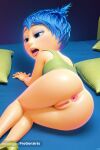 1girl 1girl 1girl ai_generated anus ass blue_eyes blue_hair bottomless disney high_res humanization inside_out inside_out_2 joy_(inside_out) lying on_side open_mouth pillow pixar progenarts pussy short_hair tongue tongue_out uncensored