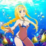1girl alice_schuberg alluring bikini blonde_hair blue_eyes fish goldhopper pin_up pussy_slip swimming sword_art_online underwater
