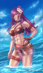  1girl athletic_female beach big_breasts cleavage female_abs fire_emblem fit_female intelligent_systems ocean pin_up purple_eyes purple_hair shez_(fire_emblem) shez_(fire_emblem)_(female) shez_(summer)_(fire_emblem) sunthrone 
