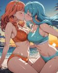 2_girls accurate_art_style alluring beach bikini celica_(fire_emblem) closed_eyes eirika_(fire_emblem) fire_emblem fire_emblem:_the_sacred_stones fire_emblem_echoes:_shadows_of_valentia fire_emblem_warriors intelligent_systems kissing medium_breasts ocean sunset yuriship.art