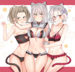 3_girls alluring alternate_costume animal_ears annoyed big_breasts bikini black_bikini blush brown_hair cat_ears cat_girl cat_tail collarbone commentary english_commentary fake_animal_ears fake_tail green_eyes grey_hair high_res looking_at_viewer m_(xenoblade) medium_breasts meidza_d multiple_girls navel open_mouth red_eyes shania_(xenoblade) standing swimsuit tail twin_tails v-shaped_eyebrows white_background x_(xenoblade) xenoblade_(series) xenoblade_chronicles_3 yellow_eyes