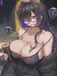 1girl big_breasts black_and_purple_hair black_hair bubble_butt cleavage glasses goddess_of_victory:_nikke horny howxen inviting_to_sex label_(nikke) looking_at_viewer pose purple_eyes purple_hair sitting teasing thick_thighs