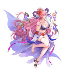 1girl 1girl alluring asymmetrical_footwear big_breasts bikini blush cleavage curled_horns feet fire_emblem fire_emblem_heroes full_body goat_horns hair_ornament high_heel_sandals high_heels horns intelligent_systems large_horns long_hair mismatched_footwear multicolored_hair nail_polish nerthuz_(fire_emblem) nerthuz_(summer)_(fire_emblem) nintendo official_alternate_costume official_art pink_hair ponytail purple_eyes purple_horns sandals second-party_source sencha_(senchat) smile swimsuit toenail_polish toenails two-tone_hair very_long_hair