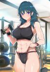1girl alluring athletic_female big_breasts byleth_(fire_emblem) byleth_(fire_emblem)_(female) cleavage dumbbell fire_emblem fire_emblem:_three_houses intelligent_systems lifting_weights nicado nintendo short_gym_shorts sports_bra teal_eyes teal_hair weight working_out