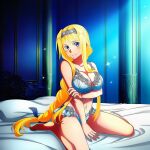1girl alice_schuberg alluring bare_legs barefoot blonde_hair blue_eyes bra cleavage goldhopper lingerie medium_breasts on_bed panties pin_up sword_art_online underwear