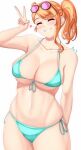 1girl 1girl 1girl alluring anisdrawn aqua_bikini arm_behind_back bare_shoulders big_breasts big_breasts bikini cleavage closed_eyes cowboy_shot eyewear_on_head grin hair_ornament hand_up long_hair micro_bikini navel orange_hair pokemon pokemon_ss ponytail round_eyewear side-tie_bikini_bottom side_ponytail simple_background smile sonia_(pokemon) standing stomach sunglasses swimsuit tight_clothing v white_background