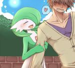 1boy 1girl arm_hug blue_sky blush bob_cut brick_wall cardigan full-face_blush gardevoir green_hair hair_over_one_eye heart pokemon pokemon_(game) short_hair sky smile spoken_heart warumono_tomii