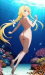 1girl accurate_art_style alice_schuberg alluring ass bare_legs barefoot blonde_hair blue_eyes completely_nude_female medium_breasts nude skinny_dipping swimming sword_art_online underwater violet.t.m.