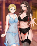 1girl 2_girls alluring arm_around_shoulders bare_thighs big_breasts black_bra black_legwear black_panties black_socks black_thighhighs blonde_hair blue_bra blue_panties blush brown_hair cleavage clothing deepspace dorothea_arnault female_only fire_emblem fire_emblem:_three_houses garter_belt green_eyes grin ingrid_brandl_galatea intelligent_systems lace-trimmed_socks lace-trimmed_thighhighs legs_together lingerie long_hair matching_underwear medium_breasts multiple_females multiple_girls nightgown nintendo panties post-timeskip presenting reaching_out red_bra red_panties see-through short_hair smile socks source_request stockings thick_thighs thigh_socks thighs underwear wide_hips