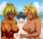 1boy 2_girls big_breasts blonde_hair daphne_in_the_brilliant_blue dark_skin energy_kyouka!! gloria handjob kyouka_shiraishi nude penis
