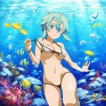 1girl alluring aqua_hair bikini fish goldhopper pin_up pussy_slip sinon swimming sword_art_online teal_eyes underwater