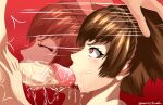 1girl after_image artist_name atlus braid brown_hair deepthroat excessive_saliva fellatio hand_on_another's_head irrumatio makoto_niijima male oral penis persona persona_5 red_background red_eyes saliva sega short_hair silf sowilo speed_lines tears teen