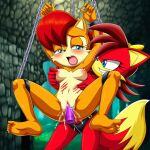 1girl ai_generated arms_above_head arms_bound blood_stain bondage breasts chains claws dildo dildo_in_pussy evil_grin feet fiona_fox fox fox_furry fox_humanoid furry furry_only grabbed_from_behind nipple_teasing nipple_tweak pussy sally_acorn scratches scratching sega sex_toy small_breasts sonic_the_hedgehog_(archie) sonic_the_hedgehog_(series) suspended suspension_bondage tweaking_nipple uncensored vaginal_penetration vibrating_dildo vibrator wet_pussy wounded yuri