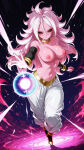 android_21 bare_shoulders big_breasts bracelets detached_sleeves dragon_ball_fighterz long_hair looking_at_viewer majin_android_21 nekom14 nipples no_bra pink_hair pink_skin red_eyes topless white_pants