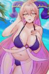 1girl 1girl alluring alternate_costume beach big_breasts bikini blue_sky blush circlet cleavage cloud cowboy_shot curled_horns fire_emblem fire_emblem_heroes goat_horns hair_ornament high_res horizon horns intelligent_systems jewelry large_horns long_hair looking_at_viewer mature_female multicolored_hair navel nerthuz_(fire_emblem) nintendo ocean outside palm_tree pink_hair purple_bikini purple_eyes purple_hair purple_horns rotomdocs sand sarong see-through_clothes see-through_sarong shore sky smile swimsuit tree two-tone_hair very_long_hair water