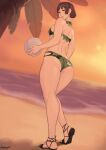1girl alluring ass atlus beach bikini brown_hair crimson_eyes high_heels holding_volleyball looking_at_viewer makoto_niijima medium_breasts nidhoggn ocean persona persona_5 sega silf sunset volleyball