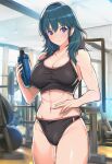 1girl alluring athletic_female big_breasts byleth_(fire_emblem) byleth_(fire_emblem)_(female) cleavage female_abs fire_emblem fire_emblem:_three_houses fit_female gym holding_water_bottle intelligent_systems nicado nintendo short_gym_shorts sports_bra teal_eyes teal_hair