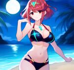 1girl alluring athletic_female beach bikini cleavage female_abs fit_female moonlight night_sky nightcore_(artist) nintendo ocean pyra_(xenoblade) red_eyes red_hair xenoblade_(series)