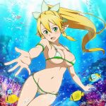 1girl alluring bikini blonde_hair fish goldhopper green_eyes leafa pin_up pussy_peek swimming sword_art_online under_boob underwater