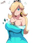 artist_name artist_signature big_breasts blue_eye breasts crown earring hair_over_one_eye karbuitt looking_at_viewer mario_(series) rosalina super_mario_bros. white_background