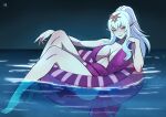 1girl alluring alternate_color alternate_costume alternate_eye_color alternate_hair_color ass bare_arms bare_legs bare_shoulders big_breasts bikini collarbone commentary english_commentary fire_emblem fire_emblem_awakening fire_emblem_warriors high_res ihsnet innertube intelligent_systems long_hair looking_at_viewer night nintendo outside partially_submerged pointy_ears ponytail purple_bikini red_eyes smile swim_ring swimsuit thighs tiki_(adult)_(fire_emblem) tiki_(fire_emblem) white_hair