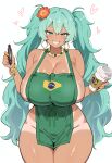 ai_generated apron apron_only bare_thighs brazilian_miku cyan_eyes cyan_hair gigantic_breasts grin huge_breasts huge_thighs long_hair looking_at_viewer massive_breasts miku_hatsune pahupahu_jk solo_female squatting starbucks_breastmilk_meme sweat sweatdrop tan-skinned_female tan_body tan_line tanned_female tanned_skin thick_body thick_female thick_thighs thighs twin_tails vocaloid voluptuous voluptuous_female