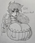 2d 2d_(artwork) black_and_white cozy_rael freckles freckles_on_breasts freckles_on_face huge_breasts jacket monochrome original_character puffy_nipples sharp_teeth tagme traditional_media_(artwork) turtleneck turtleneck_sweater