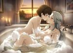 2_girls about_to_kiss alluring atlus bath bathroom blush braided_hair brown_hair bubbles candles convenient_censoring covered_nipples grey_hair hairclip incest makoto_niijima nightcore_(artist) persona persona_5 red_eyes sae_niijima sega silf silfs sister sister_and_sister sisters suds sunset teen yuri